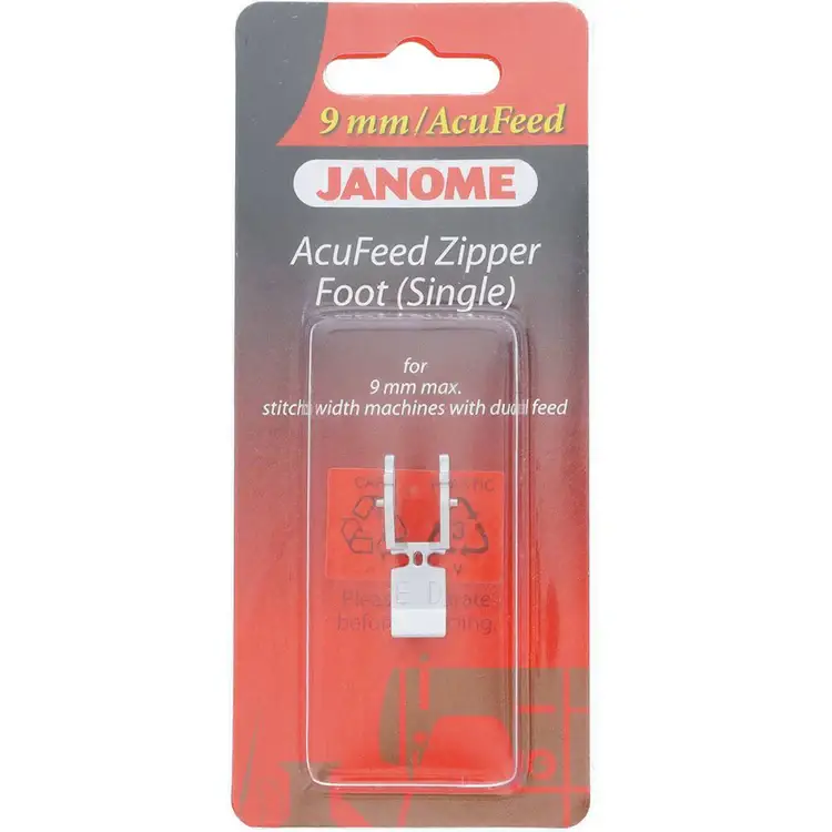 Janome AcuFeed Zipper Foot ED Single 9mm for effortless sewing of zippers with accurate stitch formation